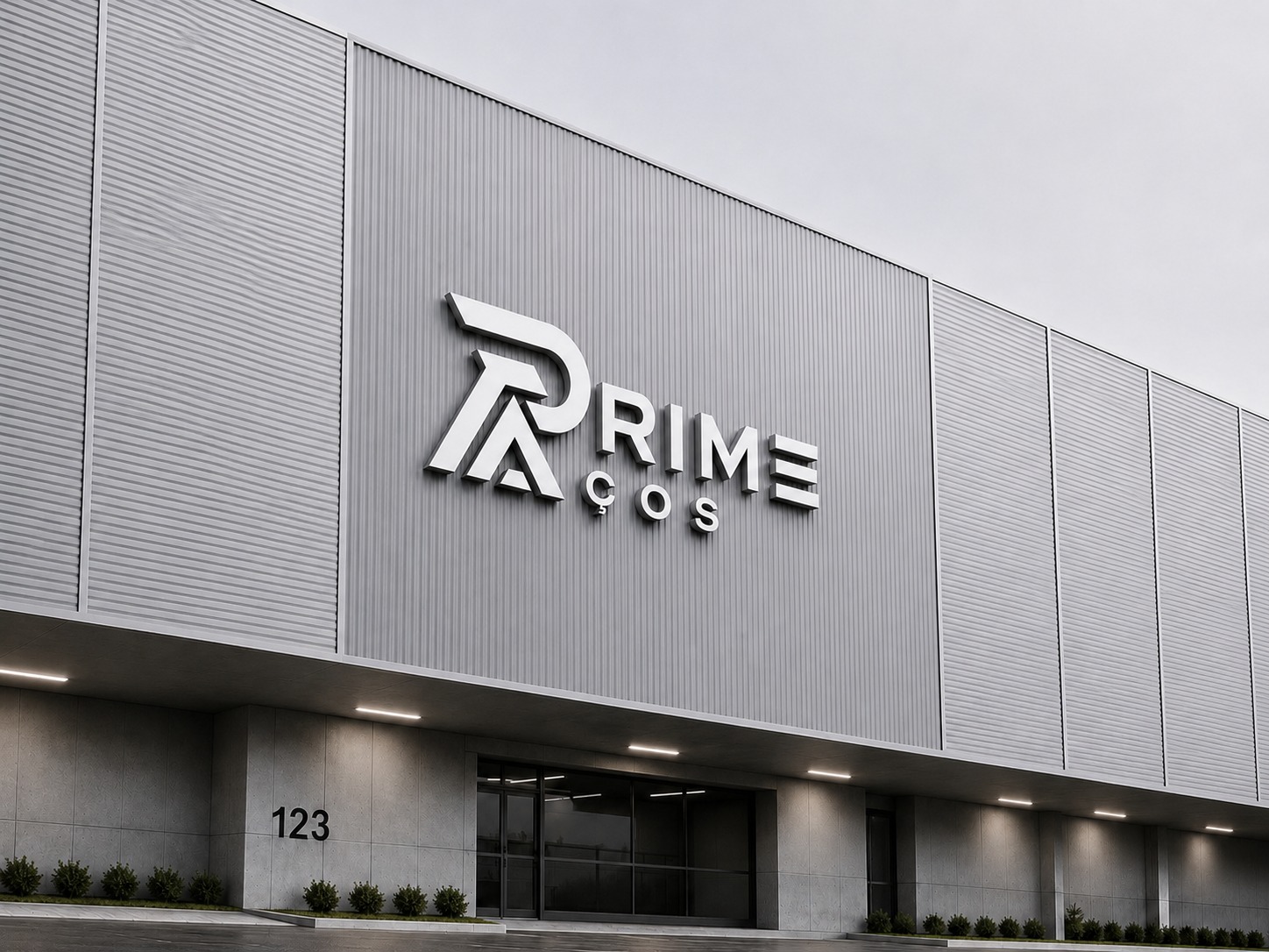 Logo oficial da Prime Aços aplicada na fachada da loja